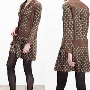 BANANA REPUBLIC 100% Silk LS Foulard Tie Dress Brown Olive Print 4P